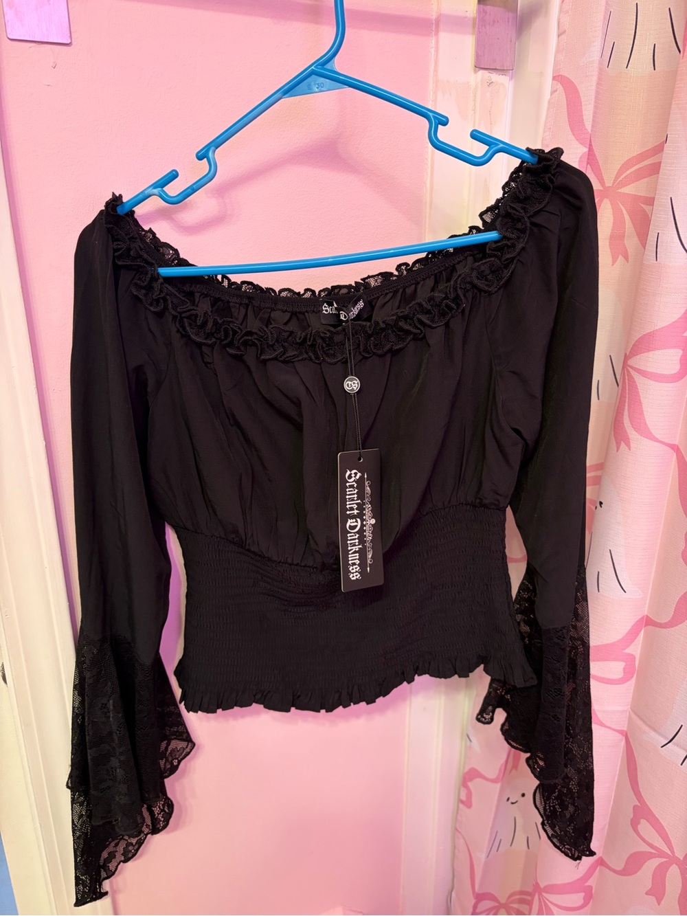 Black Lace-Trim Off-Shoulder Smocked Waist Top
